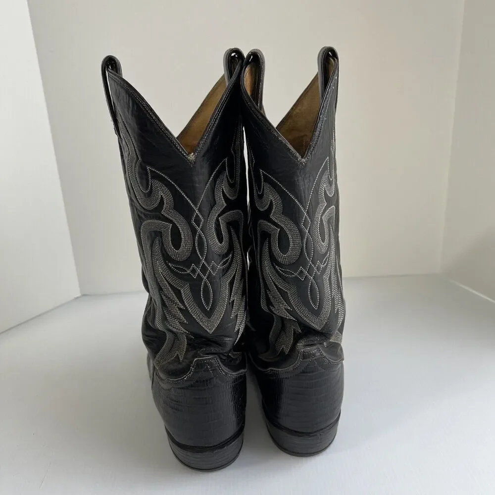 TONY LAMA MEN'S BLACK LEATHER & LIZARD WESTERN BOOTS Size 9 D USA MADE